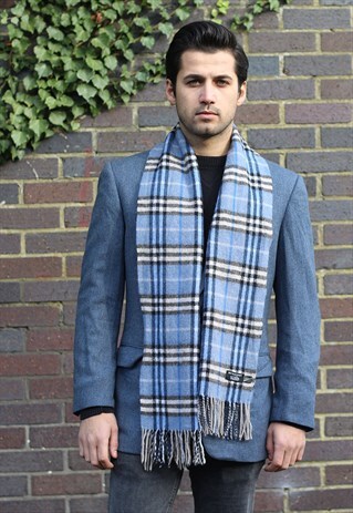 VINTAGE CASHMERE CHECKED SCARF BLUE-AS86
