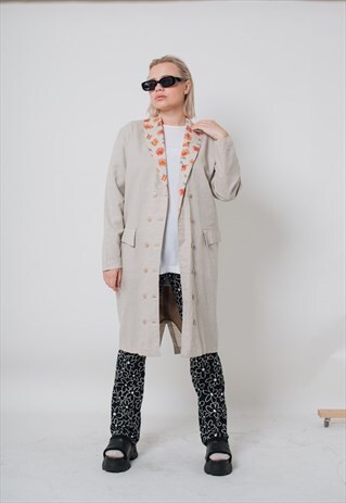 VINTAGE 80S PROLONGED LIGHT LINEN JACKET WITH FLORAL COLLAR
