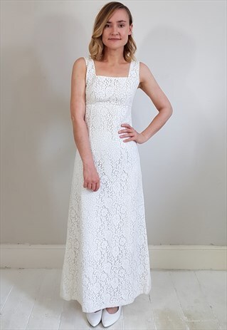 VINTAGE 60'S LACE MAXI PROM WEDDING DRESS W/ GREEN RIBBON