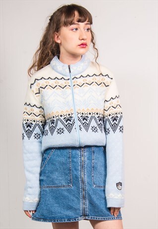 VINTAGE 90'S BABY BLUE FAIRISLE PATTERN KNIT JUMPER JACKET