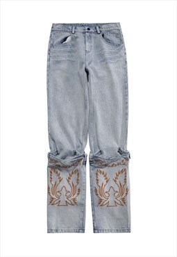 Detachable embroidered jeans dragon flame denim overalls 