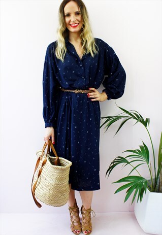VINTAGE 80'S RETRO NAVY FLORAL BUTTON UP MAXI TEA DRESS