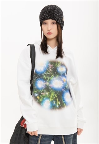 PSYCHEDELIC HOODIE FLORAL PULLOVER FLOWER PRINT JUMPER WHITE