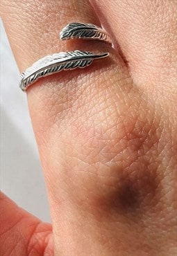 925 Sterling Silver Adjustable Feather Ring