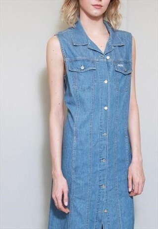 VINTAGE 1990'S MID WASH BLUE DENIM MAXI BUTTON FRONT DRESS.