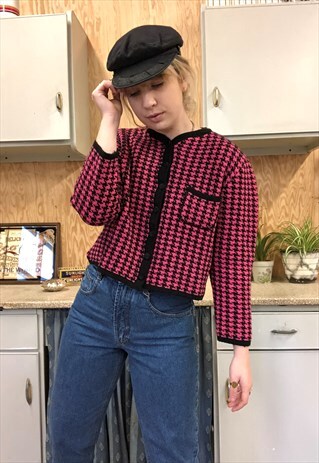 VINTAGE 80S CROPPED PIED DE POULE PINK CARDIGAN