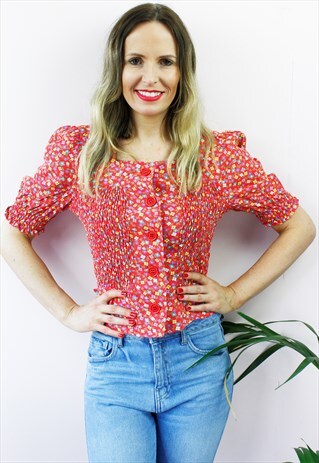 VINTAGE 80'S RETRO RED FLORAL SHIRRING ELASTIC SHIRT BLOUSE