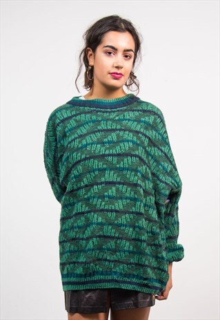VINTAGE 90'S GREEN STRIPE PATTERNED GRUNGE KNIT JUMPER