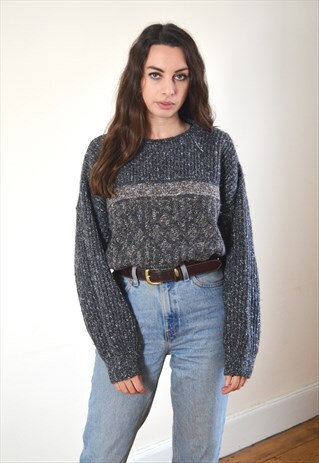 80S VINTAGE GREY FLECKED OVERSIZED KNIT JUMPER