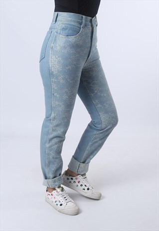 HIGH WAISTED DENIM JEANS TAPERED LEG VINTAGE UK 8 (L95I)
