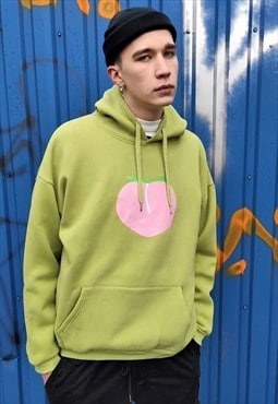 Peach print hoodie emoji pullover in khaki green