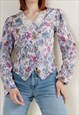 VINTAGE PUFFY SLEEVE LACE COLLAR WATERCOLOR FLORAL BLOUSE S