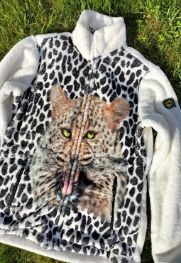 Vintage 90's Cream Soft Fleece Tiger Cat Jacket Top