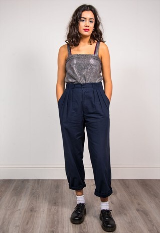 90'S VINTAGE NAVY BLUE TAPERED HIGH WAIST TROUSERS