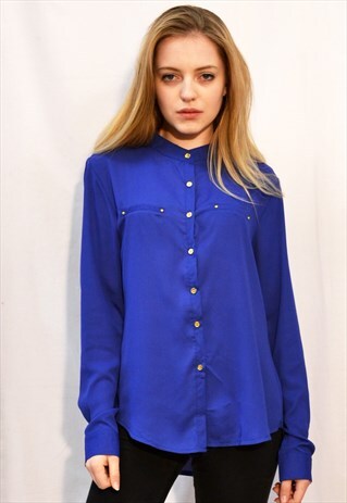 PLAIN COLOR CHIFFON SHIRT WITH GOLD BUTTONS (ROYAL BLUE)
