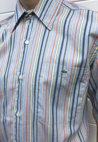 MENS VINTAGE 90S LACOSTE SHIRT BLUE STRIPY SHORT SLEEVE TOP