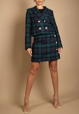 Wool Check Cropped Blazer & Skirt Co-Ord In Green