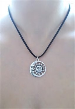 silver sun and moon necklace - black suede necklace