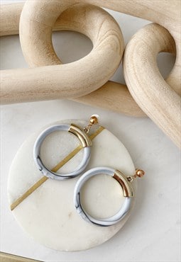 Gold Grey Round Circle Marble Resin Drop Perspex Earring