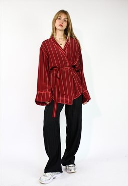 Custommade Silky Kimono Style Shirt Striped blouse in Red L