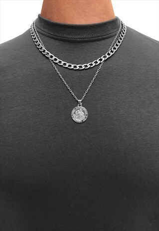 SAINT CHRISTOPHER PENDANT 6MM LAYER NECKLACE CHAIN - SILVER