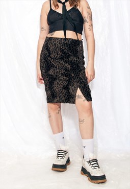 Vintage Skirt Y2K Plush Leopard Slit Midi in Brown