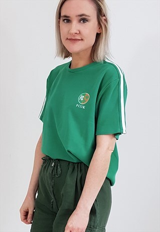 Y2K FCUK CLOVER LOGO GREEN T-SHIRT W/ WHITE STRIPES