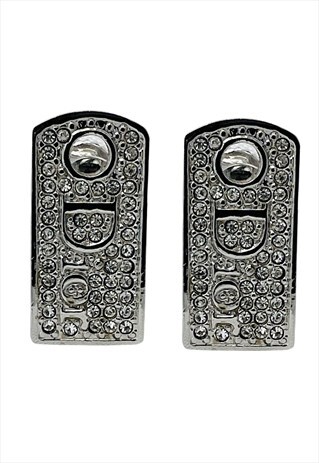 Christian Dior Earrings Silver Crystal Logo Monogram Tag