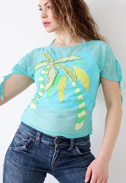 Vintage Mesh Top Drawstring Details Tropical 90s T-shirt