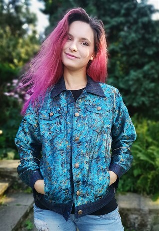 ABSTRACT BLUE BROCADE JACKET WITH OFF SHOULDERS ZIPPERS