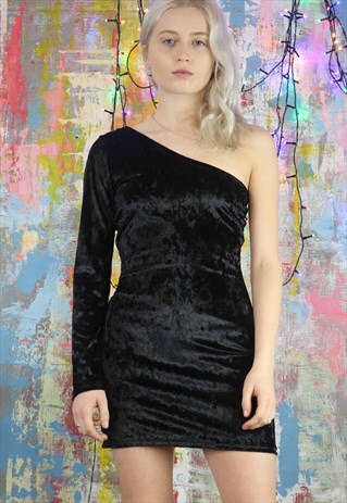 MINI DRESS IN BLACK VELVET WITH ONE SLEEVE