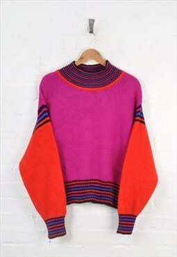 Vintage Knitted Jumper 80s Block Colour Purple/Red Ladies M