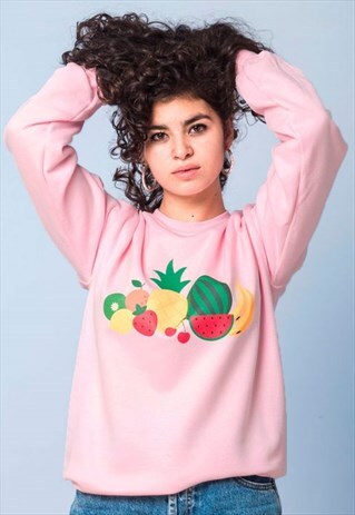PINK SWEATSHIRT JUMPER FRUITS PINEAPPLE WATERMELON