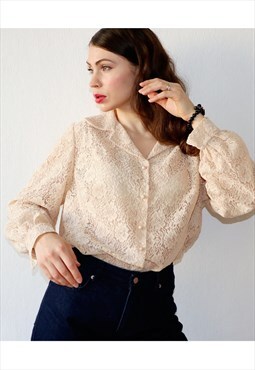 Vintage Handmade Lace Blouse 60s 70s Vintage Shirt Beige 