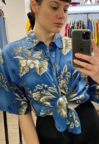 VINTAGE 90S SHIRT HAWAIIAN IN BLUE WITH BEIGE LEAVES PATTERN