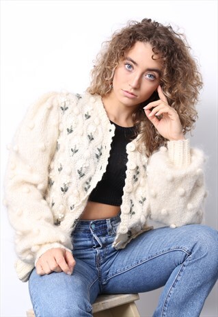 VINTAGE 80S MOHAIR FLORAL POM POM KNIT CARDIGAN