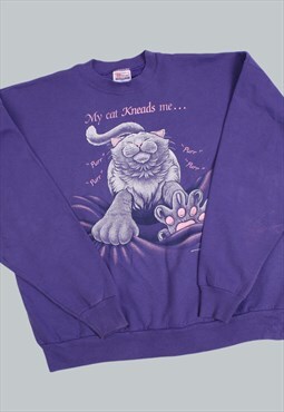 Vintage 90's Sweatshirt Purple Cat Jumper XLarge