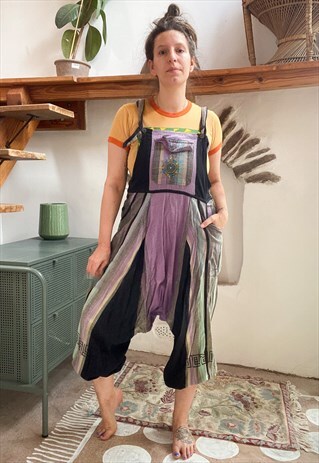Vintage 90's Hippie Embroidered Stripe Harem Dungarees - M