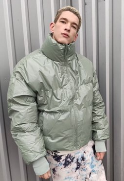 Shiny Plastic crop bomber quilted puffer coat pastel green