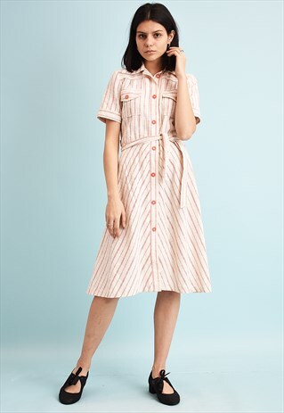 VINTAGE 70'S RETRO NEUTRAL STRIPED MIDI SHIRT DRESS