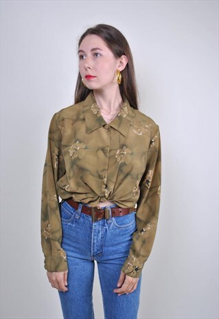 80S VINTAGE GREEN FLORAL BLOUSE WITH LONG SLEEVE, SIZE M