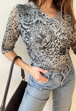 VINTAGE Y2K ZEBRA & TIGER ANIMAL PRINT MESH TOP BLOUSE 00S