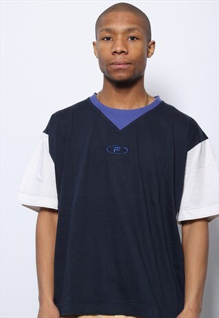 VINTAGE FILA CENTRAL EMBROIDERED LOGO T-SHIRT NAVY BLUE