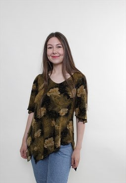Vintage 90s flower blouse, brown pullover blouse floral 