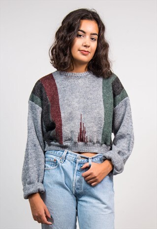 90'S VINTAGE GREY GRANDAD PATTERN CROPPED KNIT JUMPER