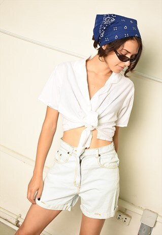 VINTAGE 90S HIGHWAISTED FESTIVAL SHORTS IN BLUE DENIM