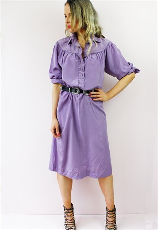 VINTAGE 80'S LILAC FAUX SUEDE COLLARED TEA DAY MIDI DRESS