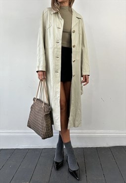 Vintage Leather Trench Coat Faux Belted Cream Long Jacket