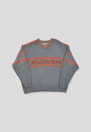 VINTAGE AVIREX EMBROIDERED LOGO HEAVY KNIT JUMPER IN GREY