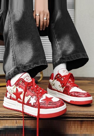 Star patch sneakers chunky sole trainers skater shoes in red